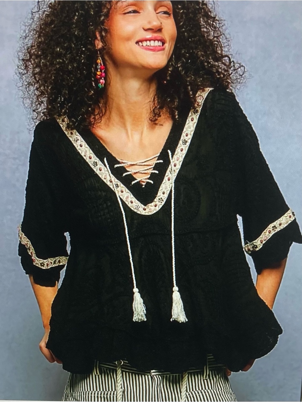 POL Black Lace-Up Peasant Top with Stone and Heart Stud Trim
